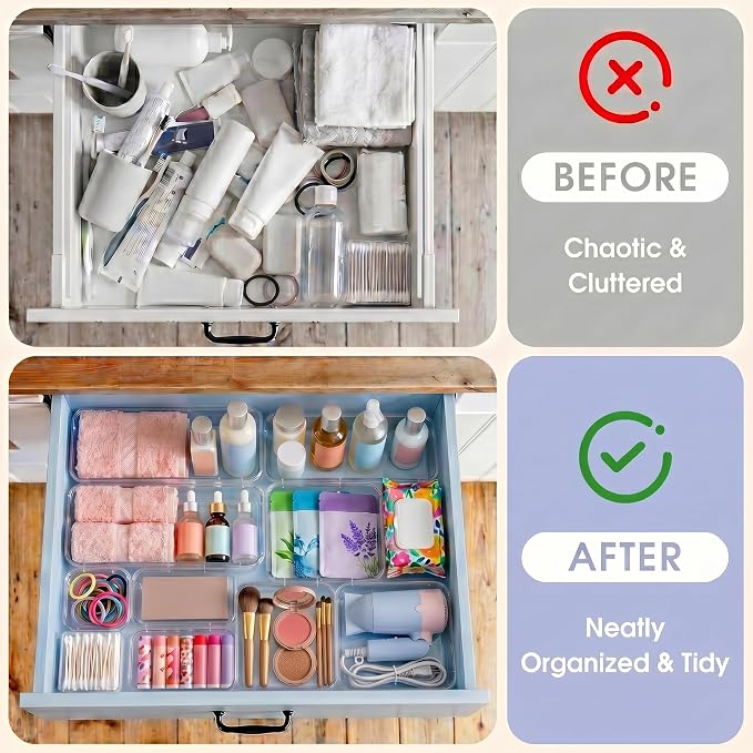14 Pcs Expandable Clear Drawer Organizer, 3-Size Extendable Drawer Divider, Adjustable Plastic Storage Box, Arcrylic Storage Bins for Makeup Vanity Drawer Dresser DIY Desk Office Kitchen Utensils