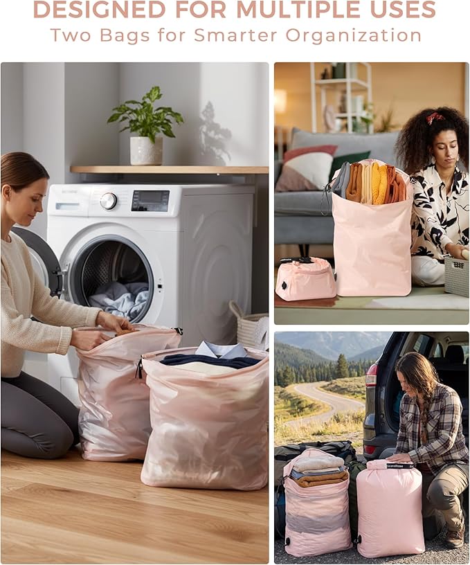 Travel Laundry Bag, Pump-Free Vacuum Compression Dirty Clothes Bag, Reusable Waterproof & Washable Laundry Bag, Wet and Dry Bag, Ideal for Suitcases, Road Trip Essentials (2 Pcs, L+L) Pink