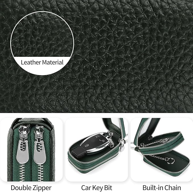 SENDEFN Car Key Fob Case Double Zipper Leather Smart Remote Keychain Protector Holder with Transparent Window