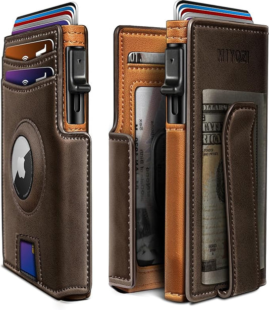 miyozi Airtag Wallet for Men,with Money Clip 10 Cards Metal Case Smart Slim Pop Up Credit Card Holder Flip with Magnetic Closure RFID Blocking wallet with Gift Box