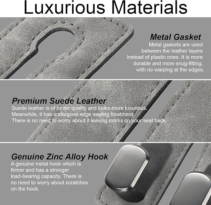 Car Seat Hooks for Headrest, Car Purse Hook & Back Storage Hook, Zinc Alloy & Suede Material Heavy Duty Car Hooks for Purses and Bags,Universal Fit for Most Vehicles ((Grey-2 Pack)