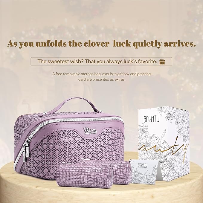 BOYATU Travel Makeup Bag for Women: Four Leaf Clover Large Capacity 3 Pcs Set Cosmetic Bags - Waterproof 50% Extra Space for Toiletry Organizer - Travel Essentials for Fortunate (02 Purple)