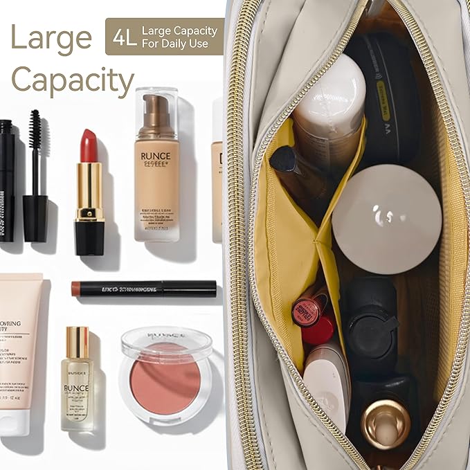 Travel Makeup Bag for Women, Large Capacity Waterproof Cosmetic Organizer with Divider & Handle, Portable Open Flat Toiletry Pouch for Travel Accessories (White)