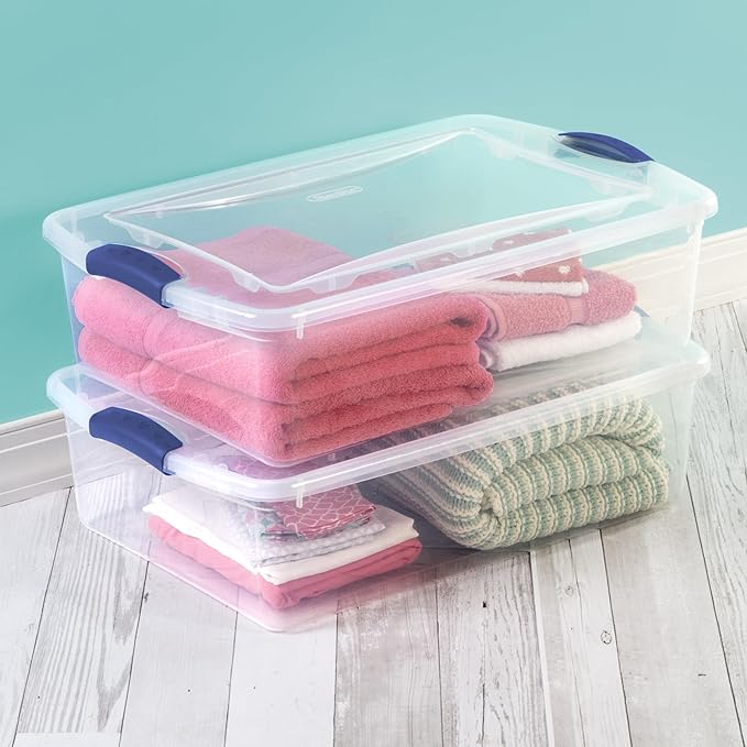 32 Quart Clear Latching Storage Bin with Lid, Under Bed Storage Container, Stackable Plastic Bin for Linens, Seasonal Clothes