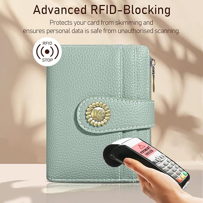 Kelvoris Small Rfid Women Wallet Bifold Zipper Coin Pocket PU Leather Compact Cash Credit Card Holder Travel Wallet for Female Ladies Teen Girls 1 ID Window 10 Card Slots Sage Green