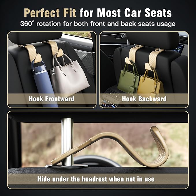 Amooca 4-Pack Car Headrest Hooks Vehicle Storage Organizer for Purses Handbags Groceries Coats – Heavy Duty 360° Rotating Simple Design Checkered Beige