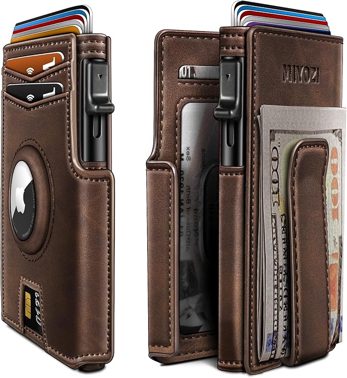 miyozi Airtag Wallet for Men,with Money Clip 10 Cards Metal Case Smart Slim Pop Up Credit Card Holder Flip with Magnetic Closure RFID Blocking wallet with Gift Box