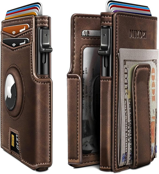 miyozi Airtag Wallet for Men,with Money Clip 10 Cards Metal Case Smart Slim Pop Up Credit Card Holder Flip with Magnetic Closure RFID Blocking wallet with Gift Box
