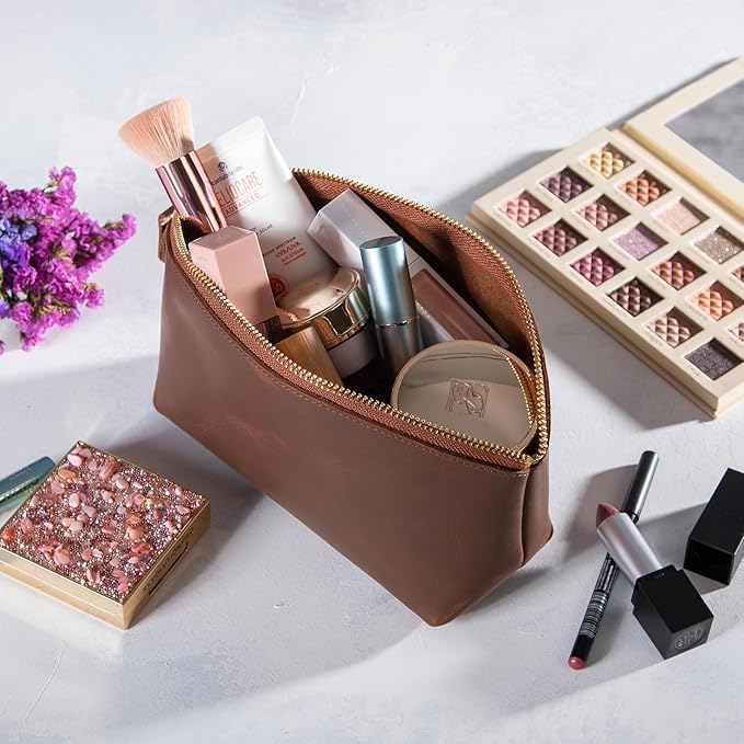 Blade Premium Personalized Genuine Leather Cosmetic Makeup Bag - Wedding Gift for Bridesmaid, Travel Organizer Clutch for Women with Zipper Pouch for Toiletry Essentials (Hazelnut)