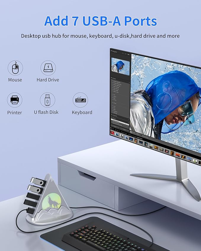USB Hub 3.0, 7-Port USB Hub with RGB Night Light and Base, Vertical USB a Splitter for Desktop,Laptop, MacBook, Xbox, PS4/5, Game Console, Flash Drive, XPS, PC, Printer, Camera, Keyboard (Silver+Base)