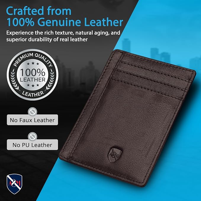 ALLEN & MATE 100% Genuine Leather Slim Minimalist wallet RFID Blocking Card Holder Wallets for Men & Women - Holds 7 Cards, ID & Cash with Gift Box (Brown)