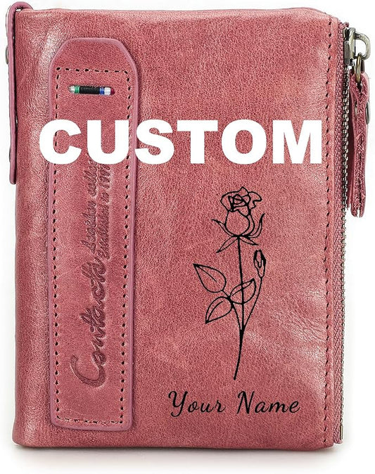 CONTACTS Personalized Wallet for Women Customized Wallet Birth Flower Custom Name Coin Purse Small Double Zipper Card Holder with RFID Blocking