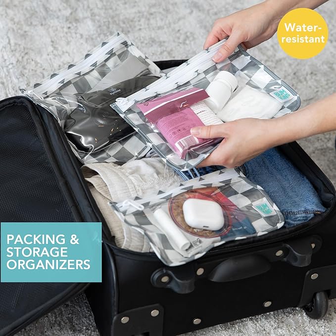 Bumkins Travel Bag, Toiletry, TSA Approved Pouch, Zip Bag, Quart Size Airline Compliant, Clear-Sided, Baby, Diaper Bag Organization, Makeup, Accessories, Packing, Set of 3 Sizes, Gray Check
