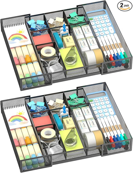 2 Pack Expandable Desk Drawer Organizer Tray with 10 Adjustable Compartments Metal Mesh Office Drawer Organizer for Home, School Supplies, Makeup Vanity & Jewelry (Black)