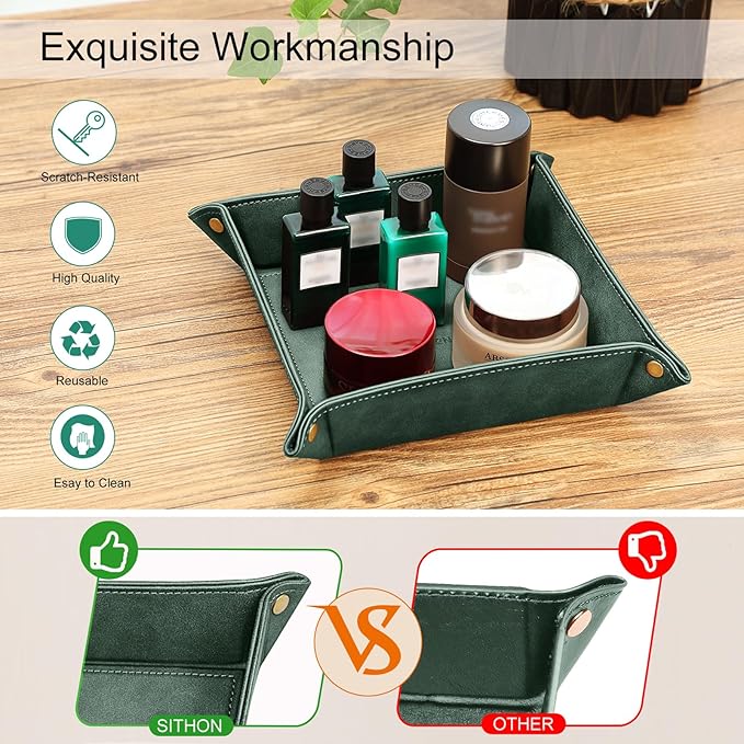 SITHON Valet Tray Desktop Storage Organizer – Premium PU Leather Catchall Bedside Vanity Tray Nightstand Caddy Holder for Keys, Phone, Wallet, Coin, Valentine's Day Gift, Dark Green