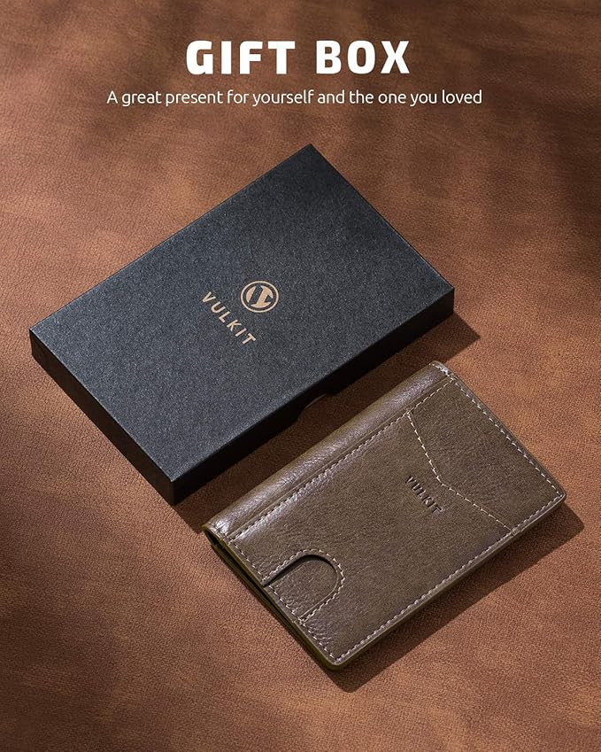 VULKIT Bifold Front Pocket Slim Wallet RFID Blocking Minimalist Thin Leather Credit Card Holder Wallet for Men and Women Mocha