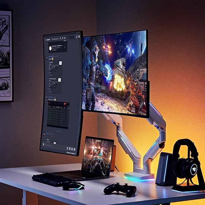 AVLT RGB Lights Dual 17??43??Gaming Monitor Arm Desk Mount, Fits Two Flat/Curved/Ultrawide Screen up to 44lbs(20kg), Height Swivel Tilt Adjustable Stand ??White