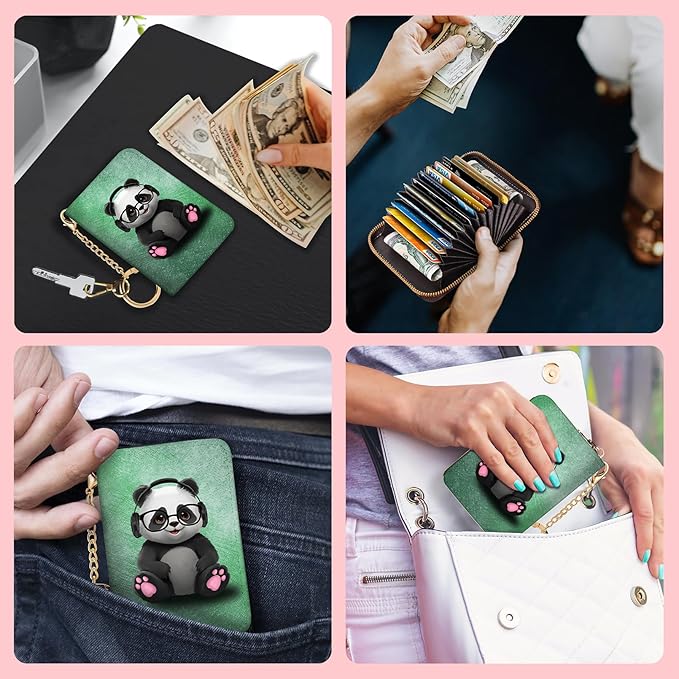 Blusabaca Panda RFID Wallet, Credit Card Holder for Women, Small Cute Wallet with Card Slots Zipper, Leather RFID Card Holder, Card Keychain Wallet, Card Case RFID Blocking Accordion Gift