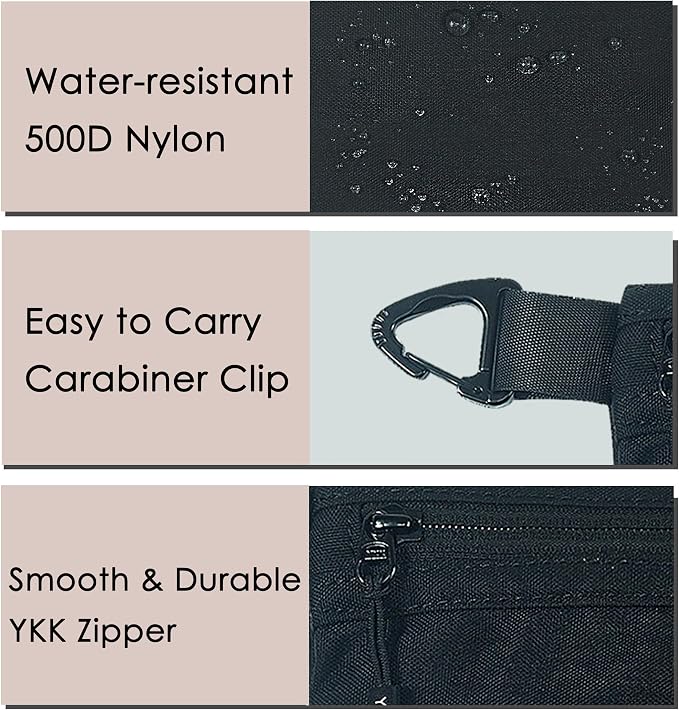 YUMQUA Small Pouch for Travel Essentials, Makeup Pouch Bag with Carabiner Clip on Backpack Dopp Kit Storage Organization for Toiletries, Cosmetics, Tech, Tools, Water Resistant 500D Nylon (Black)