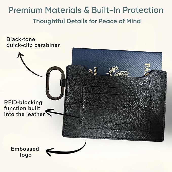 Passport Holder – Slim RFID Blocking Leather Passport Wallet with Built-In RFID Protection & Black-Tone Carabiner, Travel Essentials (BLACK - Clip Carabiner)