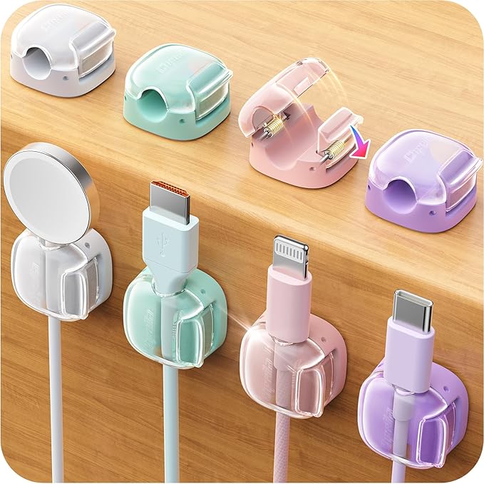 Cable Clips,8 Pack Cord Holder Cord Organizer [1s Lock & Strongest Adhesive] Spring Cord Clips Phone Charger Wire Desk Cable Management Nightstand Home Office School Decor Women Cute Desk Accessories