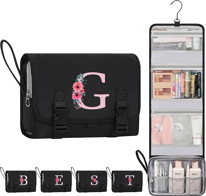 Relavel Graduation Gifts for Teen Girls - Initial Hanging Toiletry Bag for Women, Large Capacity Personalized Travel Toiletries Makeup Bag Cosmetic Organizer for Travel-Sized Essentials - Black G