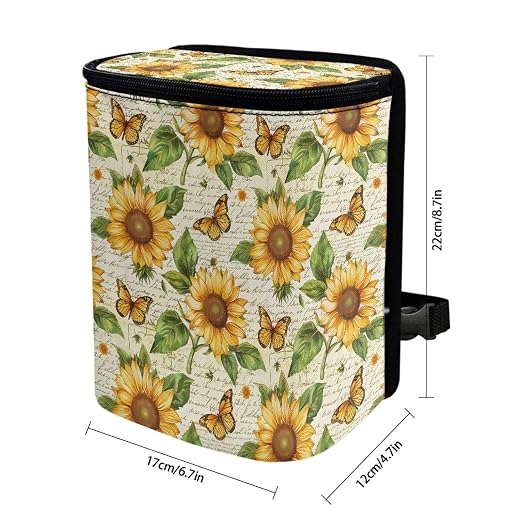 Biyejit Car Trash Can with Lid Collapsible Waterproof Car Garage Bag Reusable Automotive Garbage Bin with Adjustable Strap Car Accessories Interior Car Organizer, Fall Sunflower Butterfly