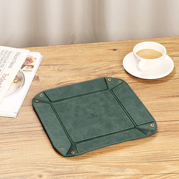 SITHON Valet Tray Desktop Storage Organizer – Premium PU Leather Catchall Bedside Vanity Tray Nightstand Caddy Holder for Keys, Phone, Wallet, Coin, Valentine's Day Gift, Dark Green