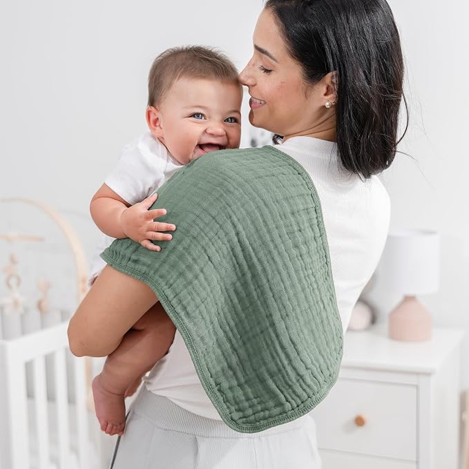 Comfy Cubs Muslin Burp Cloths 20" x 10", Pack of 6 - Large, 6-Layer, Ultra Absorbent 100% Cotton for Baby Drool and Messes - Soft, Safe & Gentle Baby Burp Cloths Set for Boys & Girls - Fern