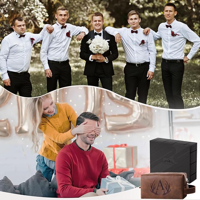 Personalized Mens Travel Toiletry Bag Engraved Initial Letter PU Leather Waterproof Shaving Bag Cool Boss Colleague Friends Brother Gifts Storage Bags Fathers Day Birthday Gifts for Men (T)