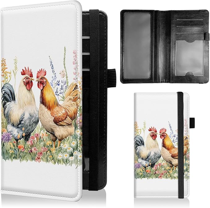 Check Book Cover for Personal Checkbook with Duplicate Checks for Women's & Men PU Leather Wallets Check Book Holder with Pen Card Slots Elastic Strap,Watercolor Rooster