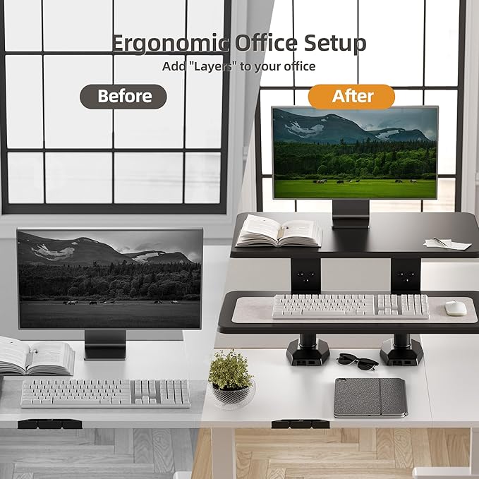Claiks 24-Inch Sit-Stand Workstation，Innovative Space-Saving Height-Adjustable Ergonomic Desk Converter with Wide Keyboard Tray，Dual Fixation and Flexible Rotation Function, Black