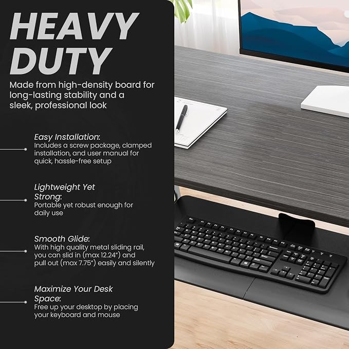Under Desk Keyboard Tray Slide Out, 25 x 9.8 Inch Clamp-On Pull Out Drawer with Mouse Space, Ergonomic Keyboard Holder for Comfortable Typing at Home and Office