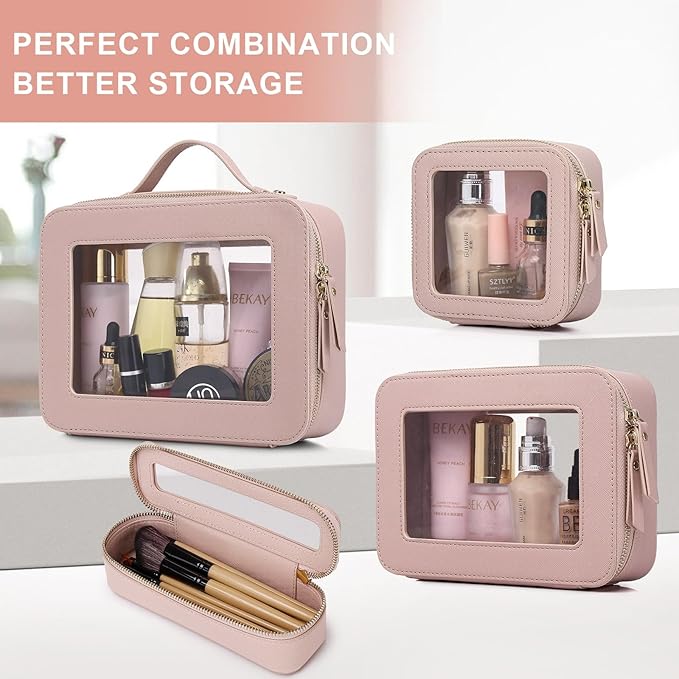 Pinkmik Clear Makeup Bag for Women Waterproof Travel Cosmetics and Toiletries Case Portable Makeup Oaganizer Bag Clear Car Bag with Zipper (Pink, M)