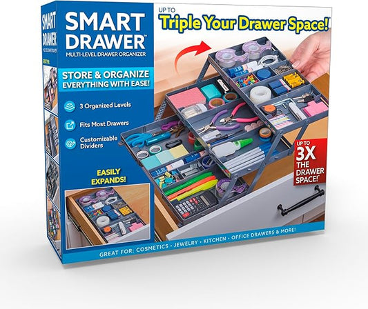 Ontel Smart Drawer Organizer - Multi-level Jewelry Holder, Cosmetics Organizer, or Office Drawer Organizer with Adjustable Dividers for Organization and Storage, Fits Drawers 9.5"W x 7.5"L x 2.75"D