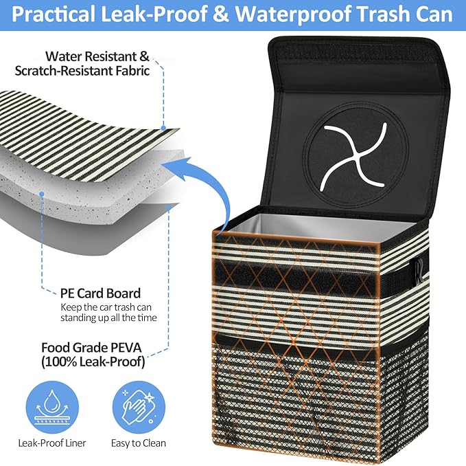 ELONGRIVER Car Trash Can Bin for Back Seat Leak Proof, Cute Car Trash Bag Hanging, Vehicle Trash Can for SUV Truck Van, Automotive Garbage Cans Front Seat Stripe
