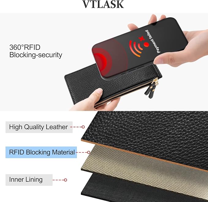 Womens Wallet, RFID Blocking Leather Wallet Large Size Bifold Multi Card Holder Wallet with Zipper Pocket - Black