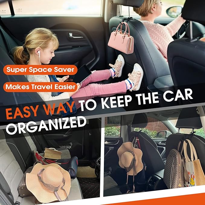 Car Headrest Hooks for Purses and Bags, Upgraded 2 in 1 Cars Back Seat Head Rest Hanger Vehicle Leather Organizer Storage Holder Hook Matching Cars Interior, 2-Pack, Beige