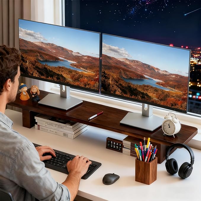 Dual Monitor Stand Riser, 47Inch Solid Wood Desktop Organizer with Non-Slip Pads, Holder for 2 Monitors, Laptops, TV, PC, Printer, Walnut Finish