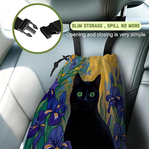 Car Garbage Bag Black Cat Purple Iris Floral Hanging Canvas Car Trash Bag Waterproof Drawstring Car Back Seat Organizer for Car Back Front Seat Console with Adjustable Buckle