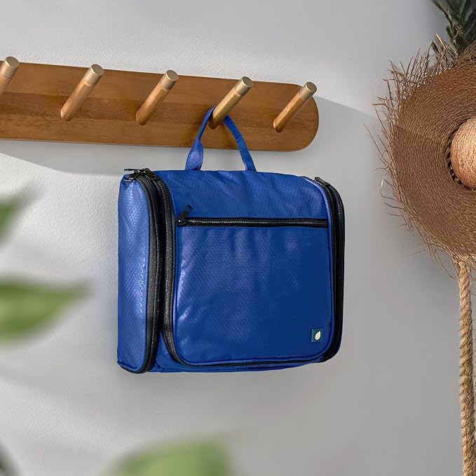 PAVILIA Large Hanging Toiletry Bag for Men, Travel Toiletry Organizer with 10 Compartments, Swivel Hook and 3 Leakproof Pockets, Water Resistant Shaving Kit Case, Packs Flat, Blue
