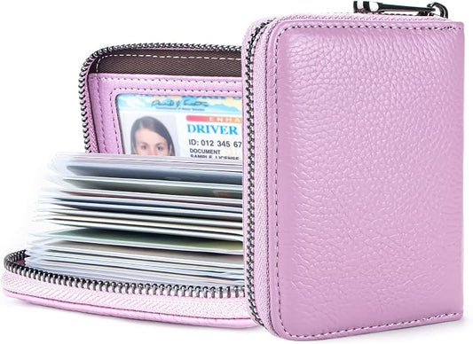 Suweibuke Genuine Leather Credit Card Holder Zipper Wallet RFID Blocking Secure Card Case ID Case Organizer (Light Purple)
