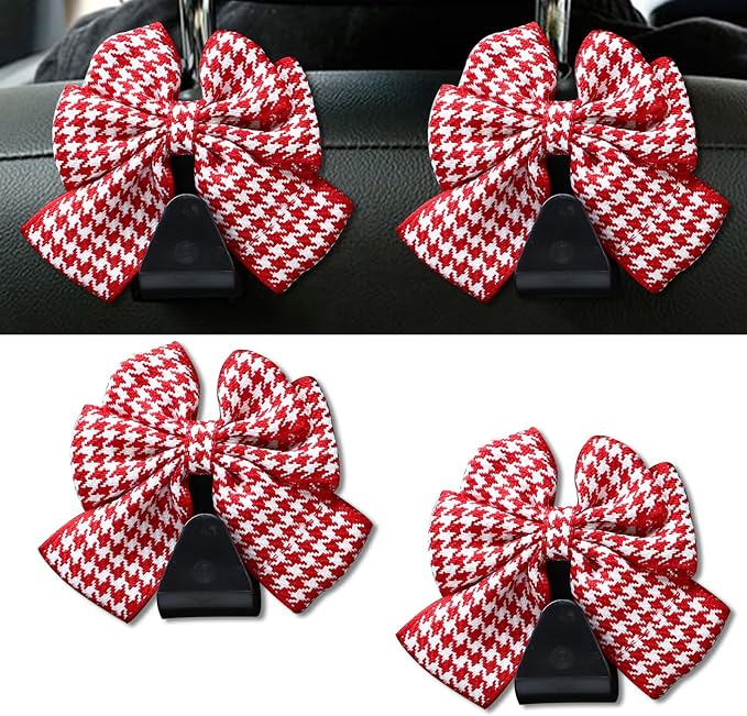 2PCS Car Seat Headrest Hooks, Cute Bow Vehicle Rear Seat Bracket Hook for Purses and Bags, Automotive Purse Hook Hanger, Universal for SUV, Sedan, Truck (Red)