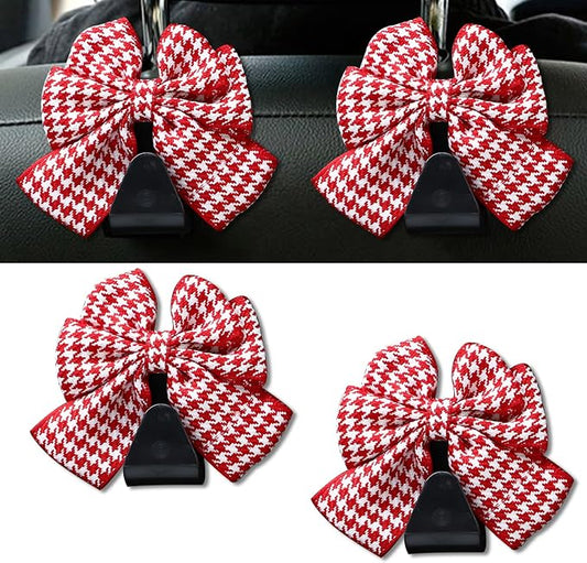2PCS Car Seat Headrest Hooks, Cute Bow Vehicle Rear Seat Bracket Hook for Purses and Bags, Automotive Purse Hook Hanger, Universal for SUV, Sedan, Truck (Red)