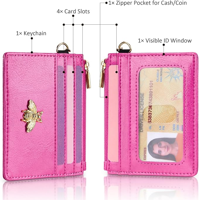 SEAVILIA Card Holder Keychain Wallet for Women with ID Window RFID Coin Purse Bee Gifts Slim Minimalist Small Wallet