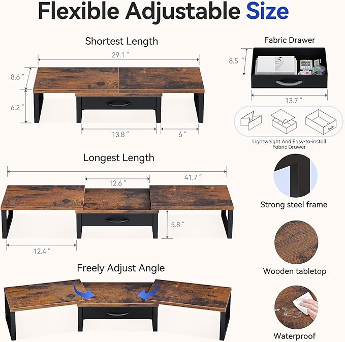 Desk Organizers and Accessories, Dual Monitor Stand Riser with Drawer, Computer Monitor Stand, Adjustable Desk Shelf for PC Laptop Printer TV, Brown