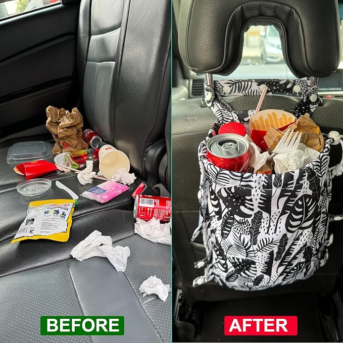 FLOCK THREE Leak-Proof Waterproof Car Trash Bag Foldable Multipurpose Trash bin Container Storage Cute Grocery Organizer Bag for Automotive Front or Back Seat in Cars SUVs and Trucks (Tropical)
