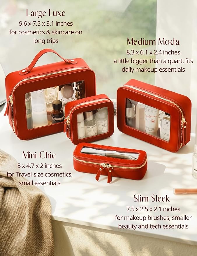 Popvibe Clear Makeup Bag Travel Cosmetic Case Toiletry Bag with Zipper, Red, Medium and Large