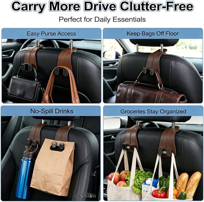 CHOSMOYI Leather Car Headrest Hooks for Purses & Bags, 2 Pack Heavy Duty Seat Back Organizer, Double Car Hooks for Groceries & Handbags, Universal Interior Accessories (Brown)