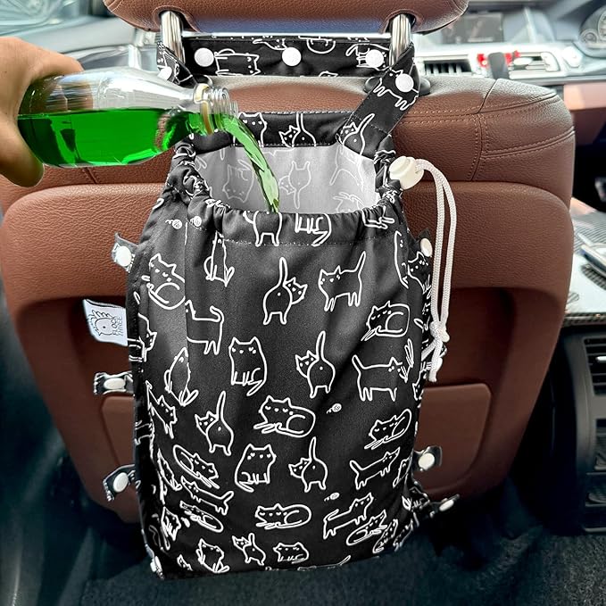 FLOCK THREE Leak-Proof Waterproof Car Trash Bag Foldable Multipurpose Trash bin Container Storage Cute Grocery Organizer Bag for Automotive Front or Back Seat in Cars SUVs and Trucks (Black Cats)